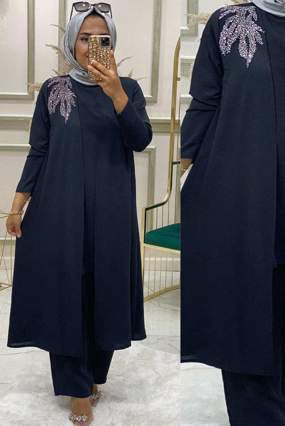 Tesettür giyim LACİVERT TAŞ BASKILI ÜÇLÜ PANTOLONLU TAKIM T 90042