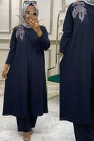 Tesettür giyim LACİVERT TAŞ BASKILI ÜÇLÜ PANTOLONLU TAKIM T 90042