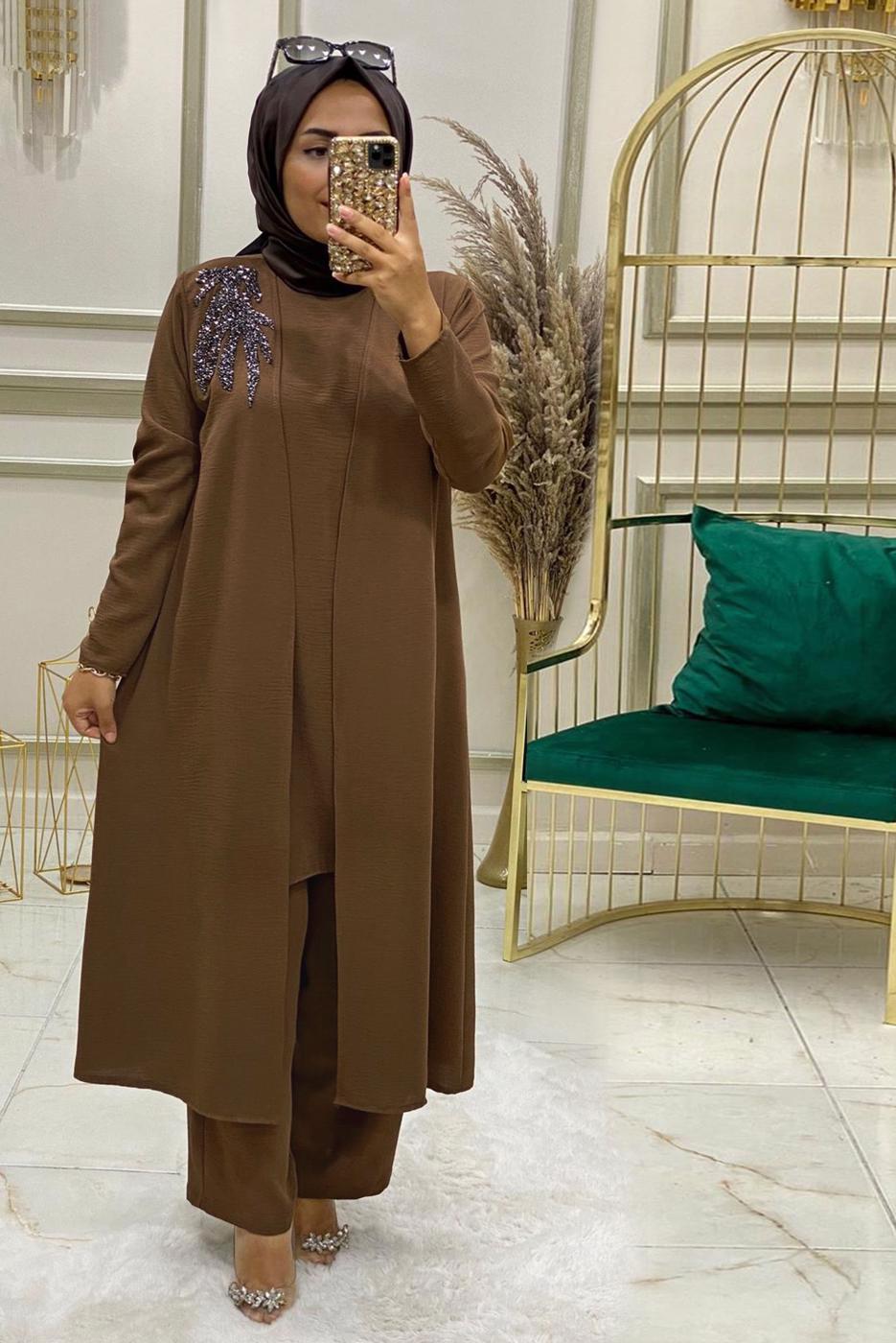 Vêtements hijab TABA ENSEMBLE PANTALON 3 PIÈCES BRODÉ GEMMES T 90042
