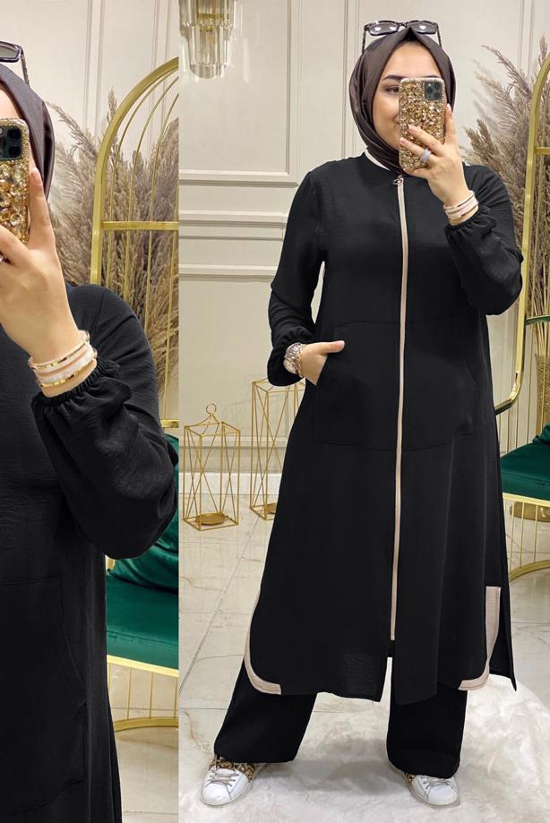 Tesettür giyim SİYAH FERMUARLI MANŞETLERİ LASTİKLİ PANTOLONLU TAKIM T 90047 - TRENDTESETTÜR