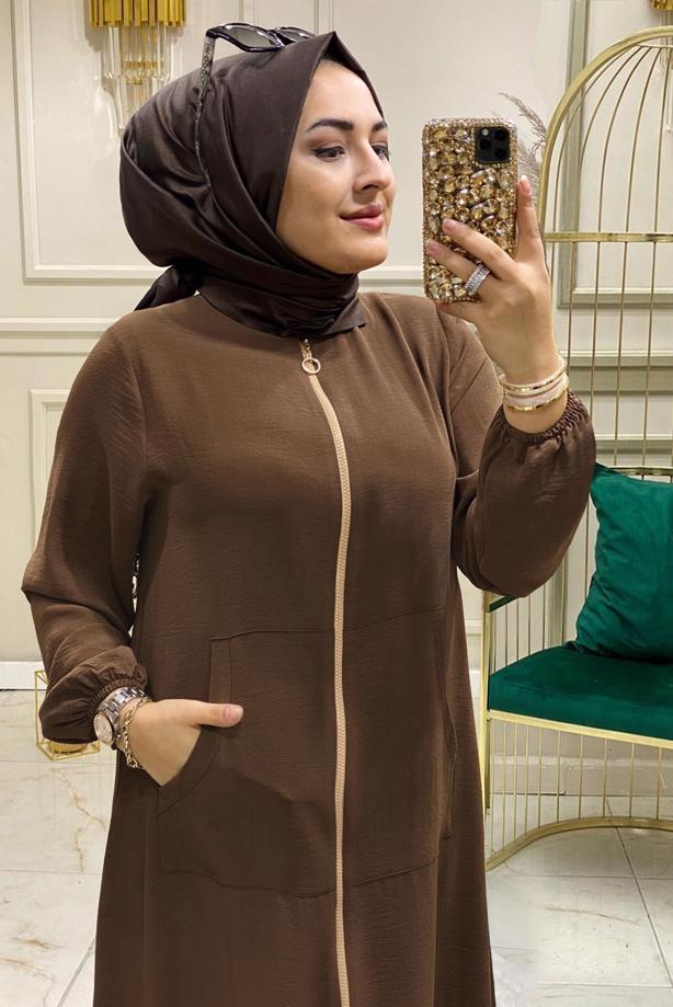 Tesettür giyim TABA FERMUARLI MANŞETLERİ LASTİKLİ PANTOLONLU TAKIM T 90047 - TRENDTESETTÜR