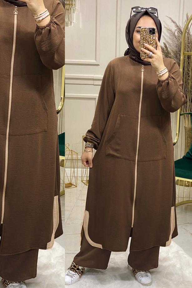 Tesettür giyim TABA FERMUARLI MANŞETLERİ LASTİKLİ PANTOLONLU TAKIM T 90047 - TRENDTESETTÜR