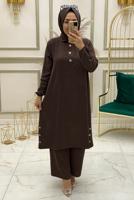 Tesettür giyim KAHVE MANŞETLERİ LASTİKLİ DÜĞME DETAYLI PANTOLONLU TAKIM T 90110