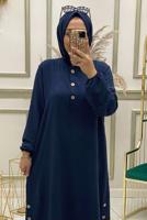 Hijab clothing NAVY BLUE ELASTIC CUFFS 2-PIECE PANTS SUIT WITH BUTTON DETAIL T 90110
