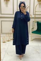 Hijab clothing NAVY BLUE ELASTIC CUFFS 2-PIECE PANTS SUIT WITH BUTTON DETAIL T 90110