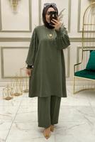 Tesettür giyim HAKİ KOLU PİLİSE DETAYLI KUŞAKLI PANTOLONLU TAKIM T 90210