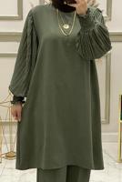 Tesettür giyim HAKİ KOLU PİLİSE DETAYLI KUŞAKLI PANTOLONLU TAKIM T 90210