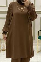 Tesettür giyim TABA KOLU PİLİSE DETAYLI KUŞAKLI PANTOLONLU TAKIM T 90210