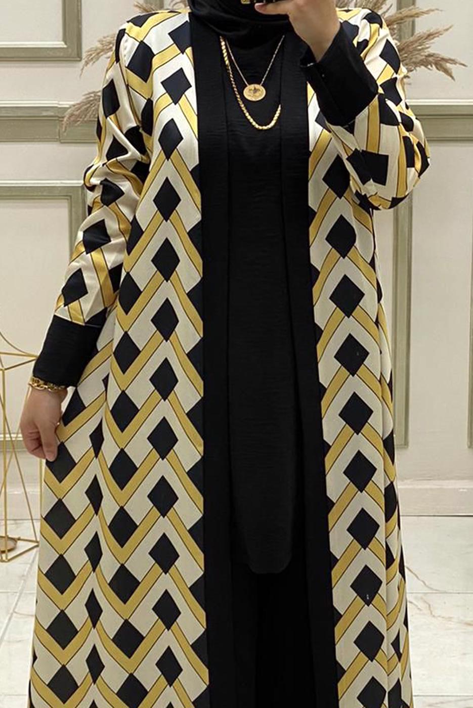 Vêtements hijab NOIR ENSEMBLE PANTALON 3 PIÈCES À MOTIFS GÉOMÉTRIQUES T 90346