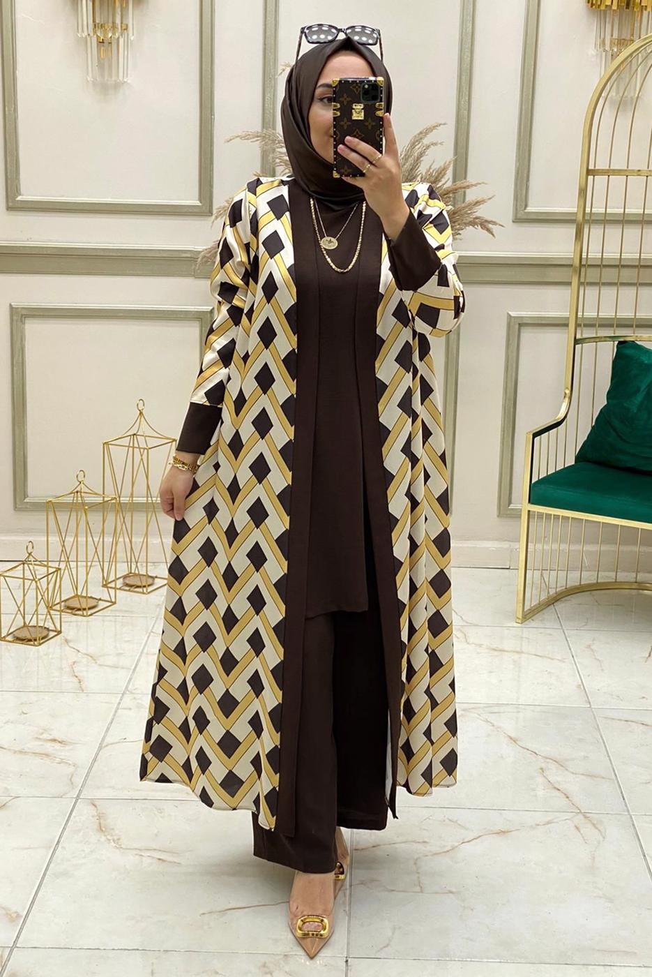 Vêtements hijab BRUN ENSEMBLE PANTALON 3 PIÈCES À MOTIFS GÉOMÉTRIQUES T 90346