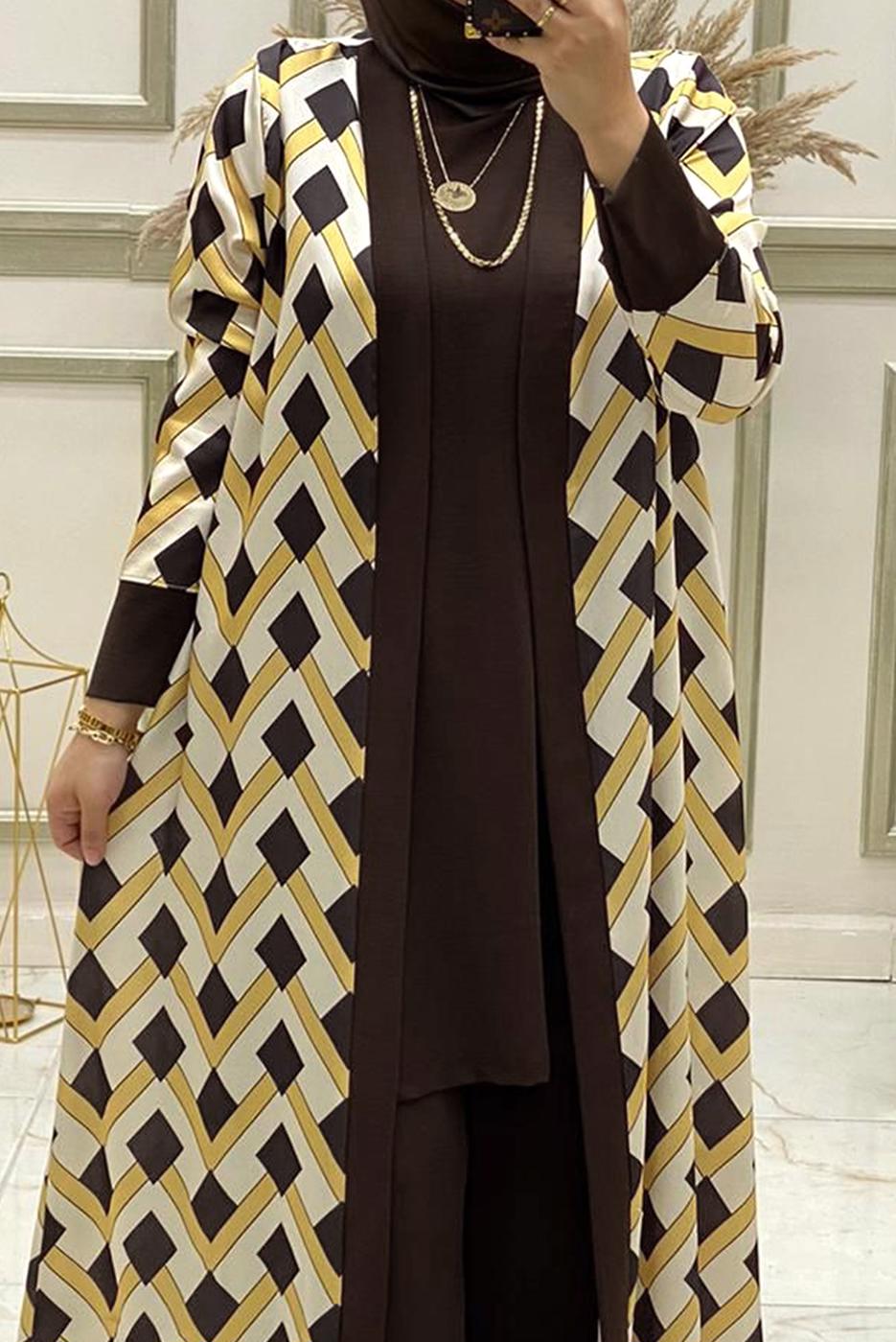 Vêtements hijab BRUN ENSEMBLE PANTALON 3 PIÈCES À MOTIFS GÉOMÉTRIQUES T 90346