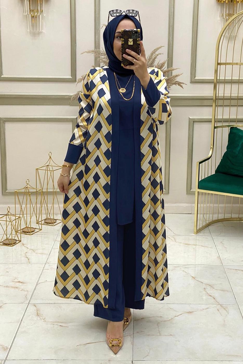 Vêtements hijab BLEU MARINE ENSEMBLE PANTALON 3 PIÈCES À MOTIFS GÉOMÉTRIQUES T 90346