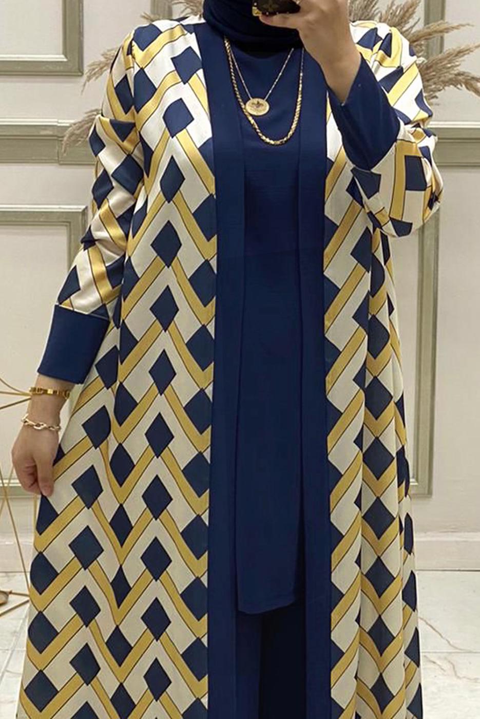 Vêtements hijab BLEU MARINE ENSEMBLE PANTALON 3 PIÈCES À MOTIFS GÉOMÉTRIQUES T 90346