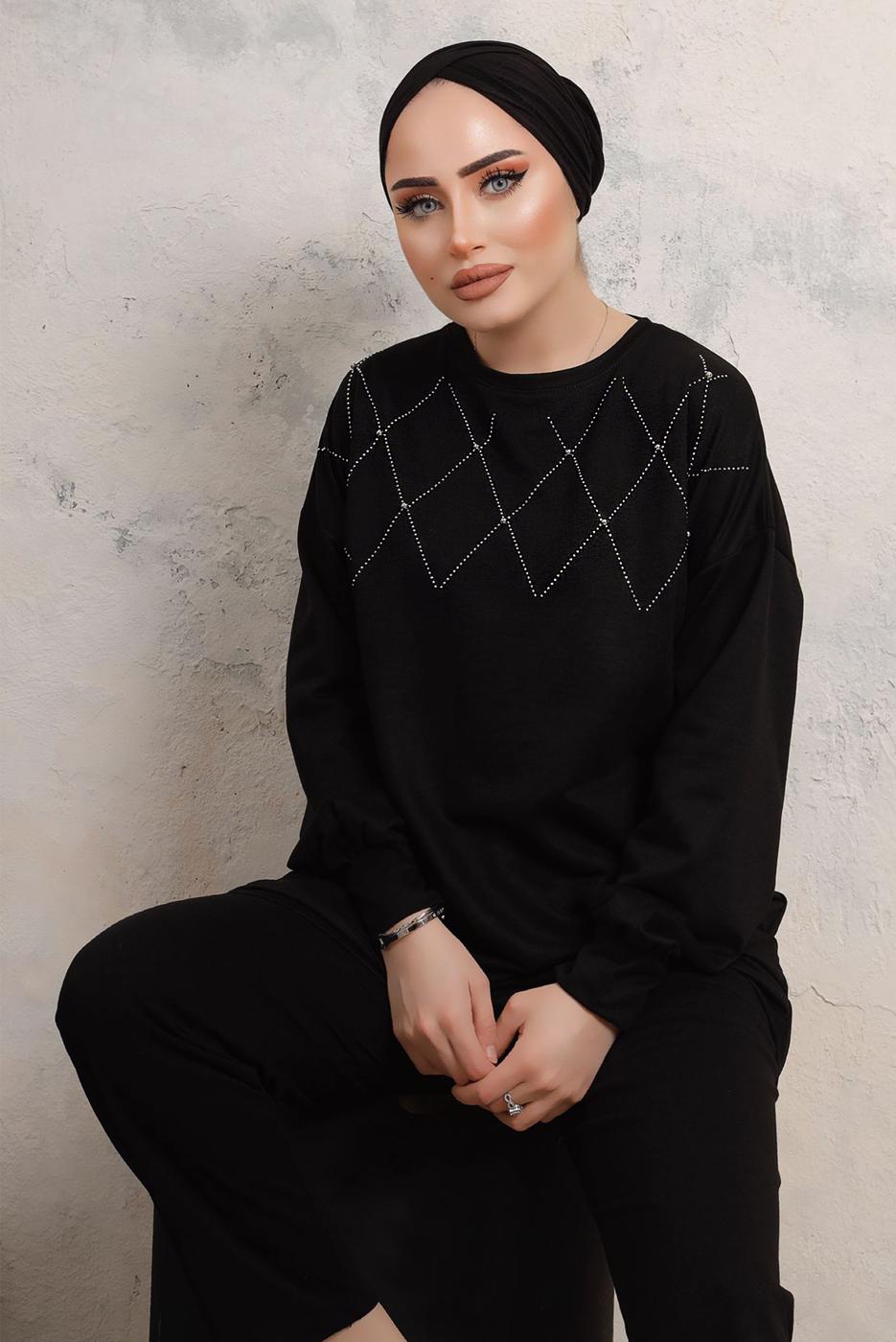 Tesettür giyim SİYAH TAŞ İŞLEME DETAYLI PANTOLONLU TAKIM T 9103