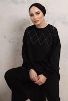 Tesettür giyim SİYAH TAŞ İŞLEME DETAYLI PANTOLONLU TAKIM T 9103