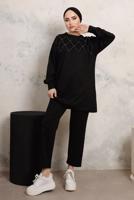 Tesettür giyim SİYAH TAŞ İŞLEME DETAYLI PANTOLONLU TAKIM T 9103