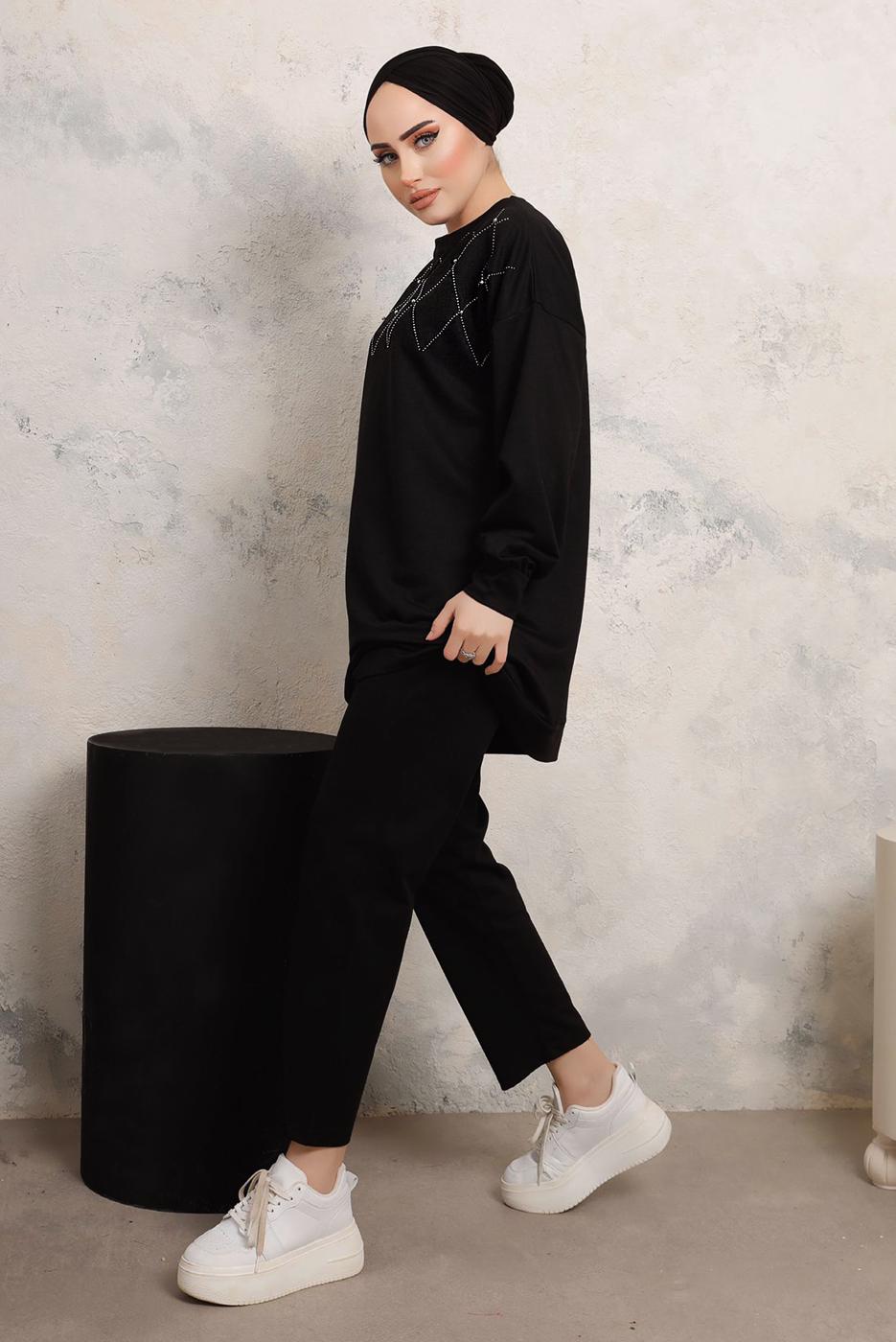 Tesettür giyim SİYAH TAŞ İŞLEME DETAYLI PANTOLONLU TAKIM T 9103