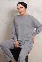 Tesettür giyim GRİ TAŞ İŞLEME DETAYLI PANTOLONLU TAKIM T 9103