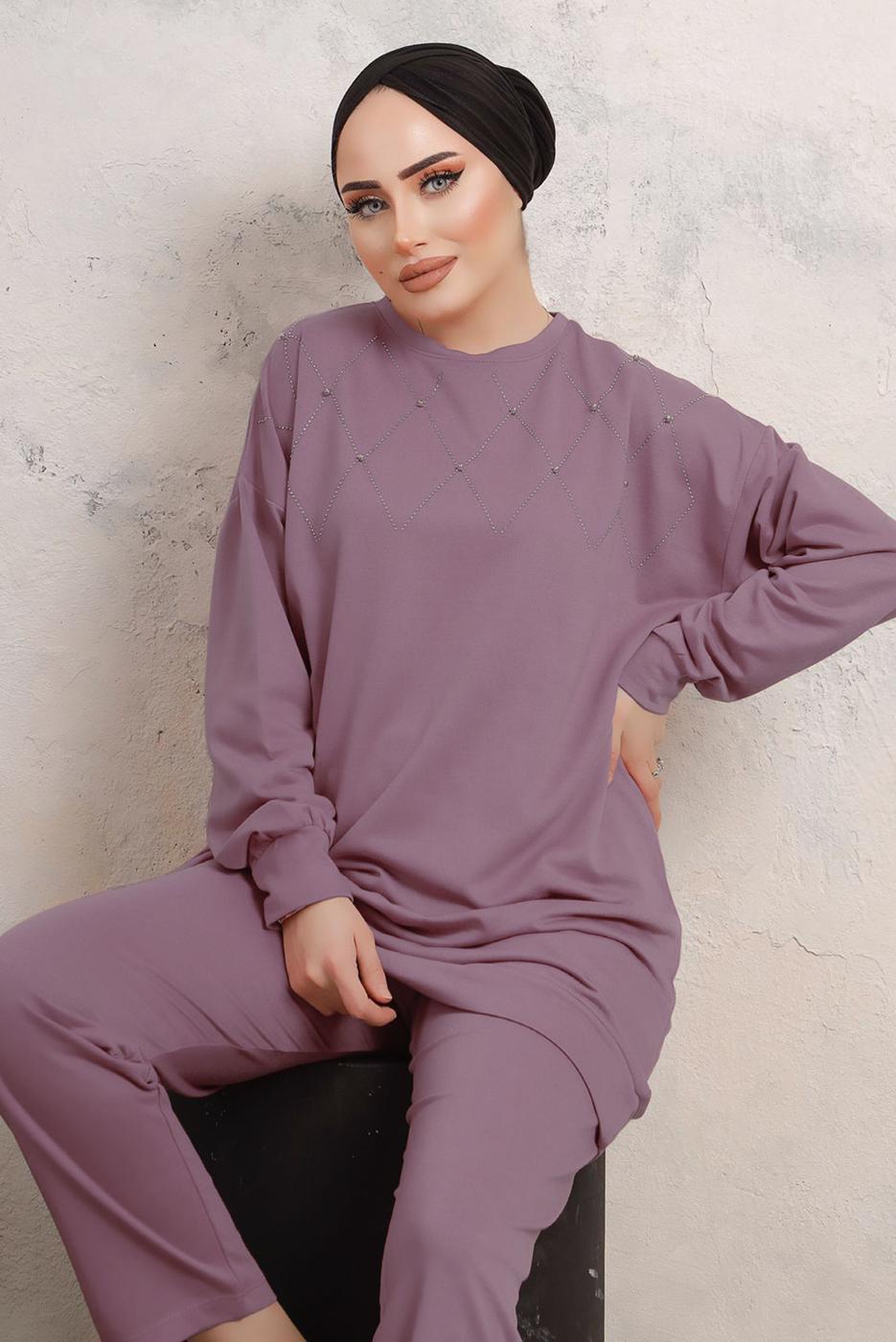 Tesettür giyim PEMBE TAŞ İŞLEME DETAYLI PANTOLONLU TAKIM T 9103