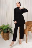 Tesettür giyim SİYAH TAŞ İŞLEMELİ KUŞAKLI PANTOLONLU TAKIM T 9203