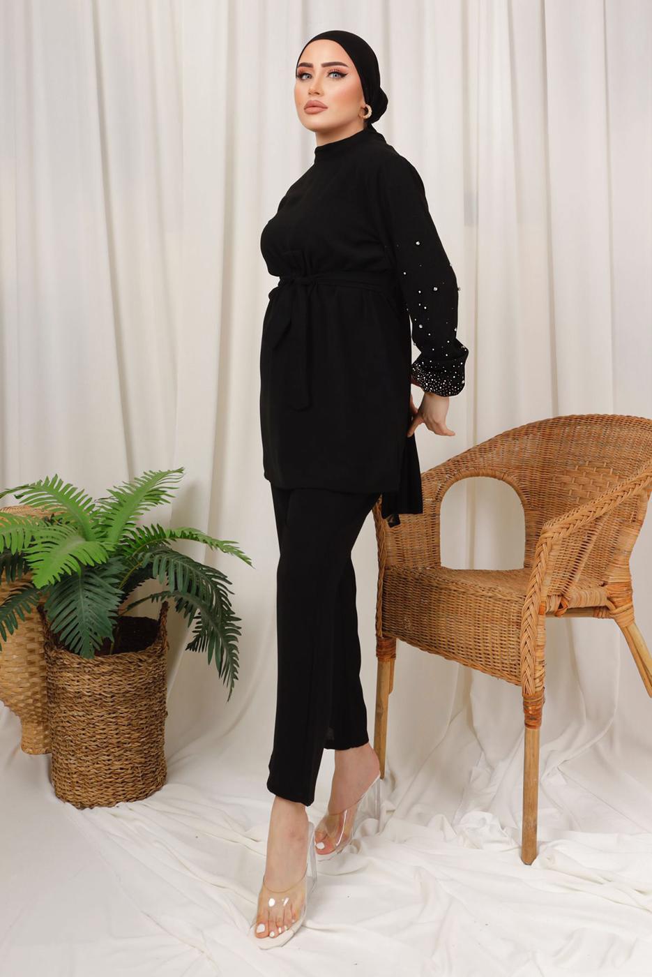 Tesettür giyim SİYAH TAŞ İŞLEMELİ KUŞAKLI PANTOLONLU TAKIM T 9203