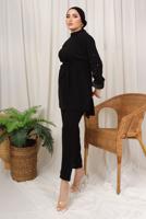Tesettür giyim SİYAH TAŞ İŞLEMELİ KUŞAKLI PANTOLONLU TAKIM T 9203