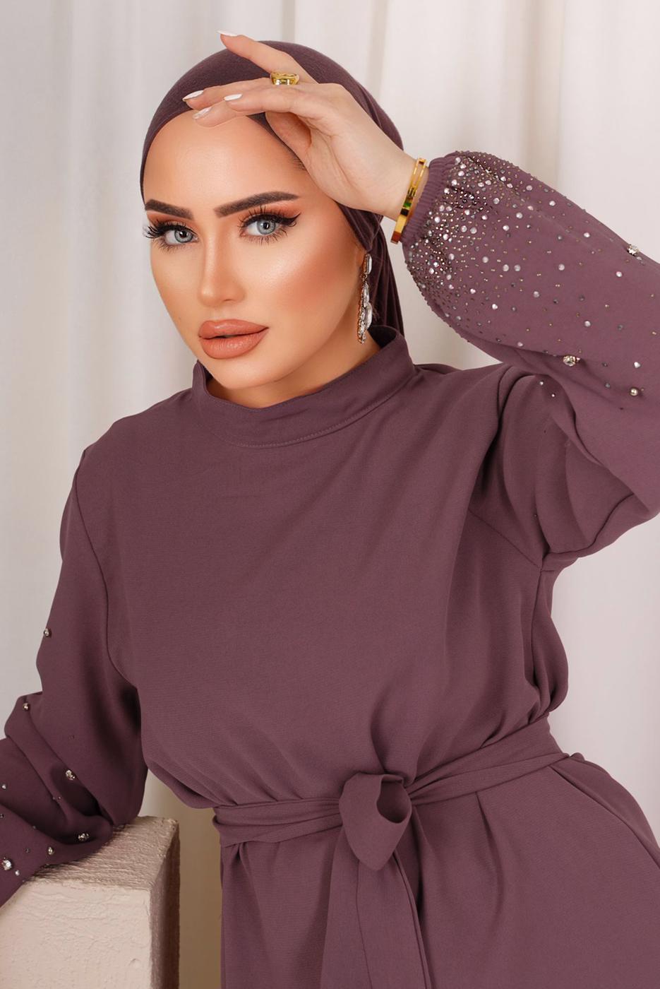 Tesettür giyim MOR TAŞ İŞLEMELİ KUŞAKLI PANTOLONLU TAKIM T 9203