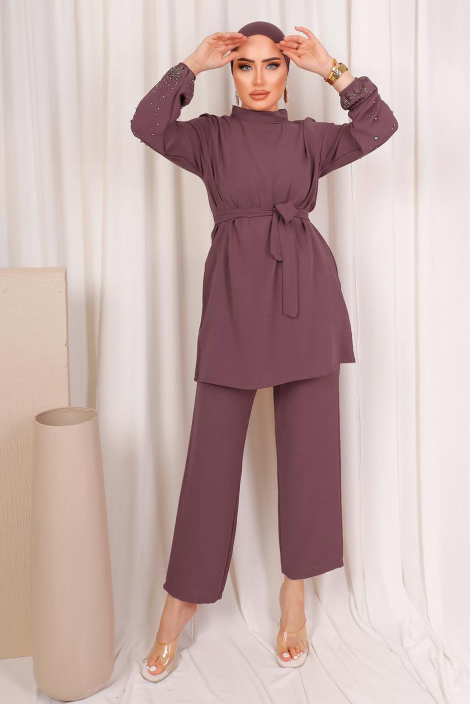Tesettür giyim MOR TAŞ İŞLEMELİ KUŞAKLI PANTOLONLU TAKIM T 9203