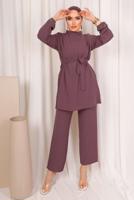 Tesettür giyim MOR TAŞ İŞLEMELİ KUŞAKLI PANTOLONLU TAKIM T 9203