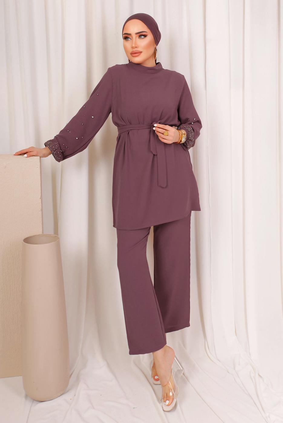 Tesettür giyim MOR TAŞ İŞLEMELİ KUŞAKLI PANTOLONLU TAKIM T 9203