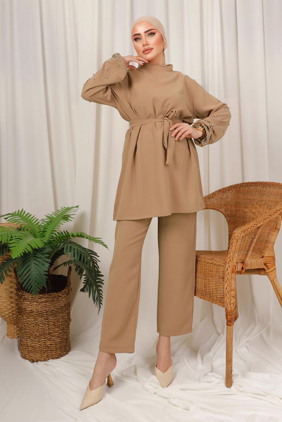 Tesettür giyim KAHVE TAŞ İŞLEMELİ KUŞAKLI PANTOLONLU TAKIM T 9203