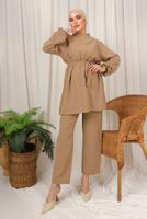 Tesettür giyim KAHVE TAŞ İŞLEMELİ KUŞAKLI PANTOLONLU TAKIM T 9203