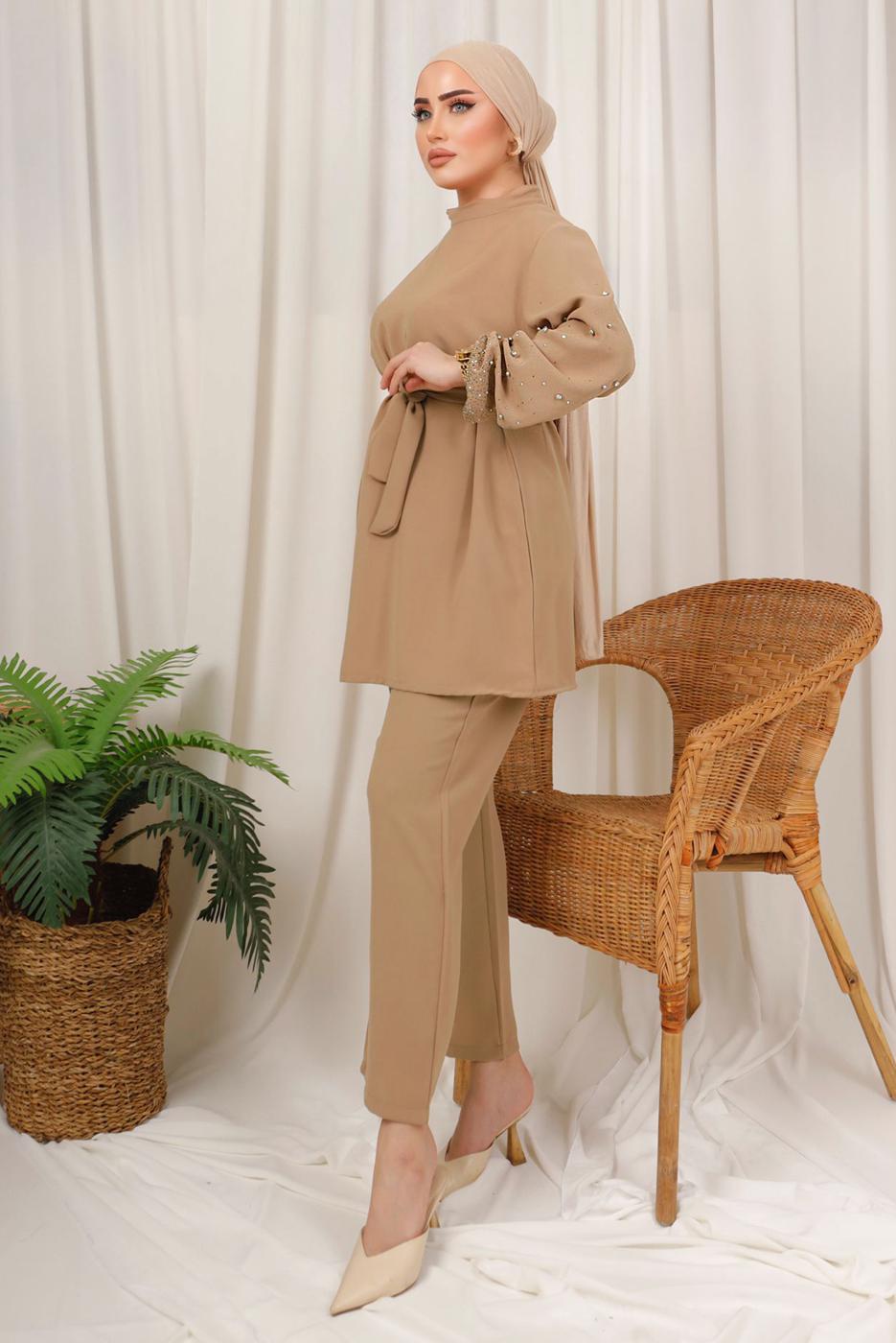 Tesettür giyim KAHVE TAŞ İŞLEMELİ KUŞAKLI PANTOLONLU TAKIM T 9203
