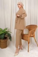 Tesettür giyim KAHVE TAŞ İŞLEMELİ KUŞAKLI PANTOLONLU TAKIM T 9203