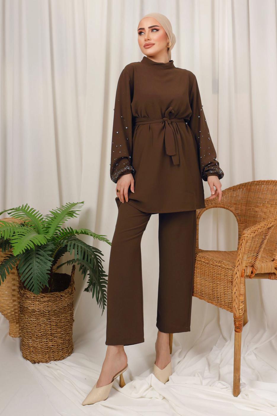Tesettür giyim KAHVE TAŞ İŞLEMELİ KUŞAKLI PANTOLONLU TAKIM T 9203
