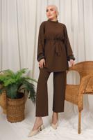Tesettür giyim KAHVE TAŞ İŞLEMELİ KUŞAKLI PANTOLONLU TAKIM T 9203
