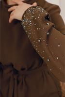 Tesettür giyim KAHVE TAŞ İŞLEMELİ KUŞAKLI PANTOLONLU TAKIM T 9203