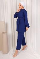 Tesettür giyim LACİVERT TAŞ İŞLEMELİ KUŞAKLI PANTOLONLU TAKIM T 9203