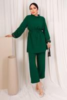 Tesettür giyim YEŞİL TAŞ İŞLEMELİ KUŞAKLI PANTOLONLU TAKIM T 9203