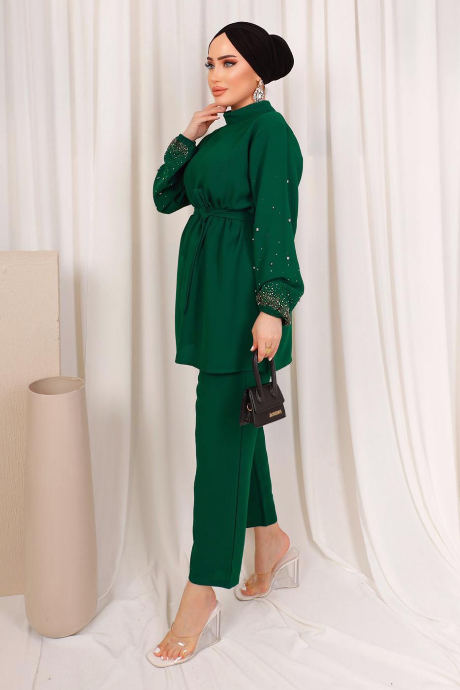 Tesettür giyim YEŞİL TAŞ İŞLEMELİ KUŞAKLI PANTOLONLU TAKIM T 9203