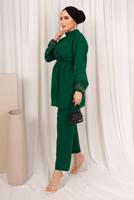 Tesettür giyim YEŞİL TAŞ İŞLEMELİ KUŞAKLI PANTOLONLU TAKIM T 9203