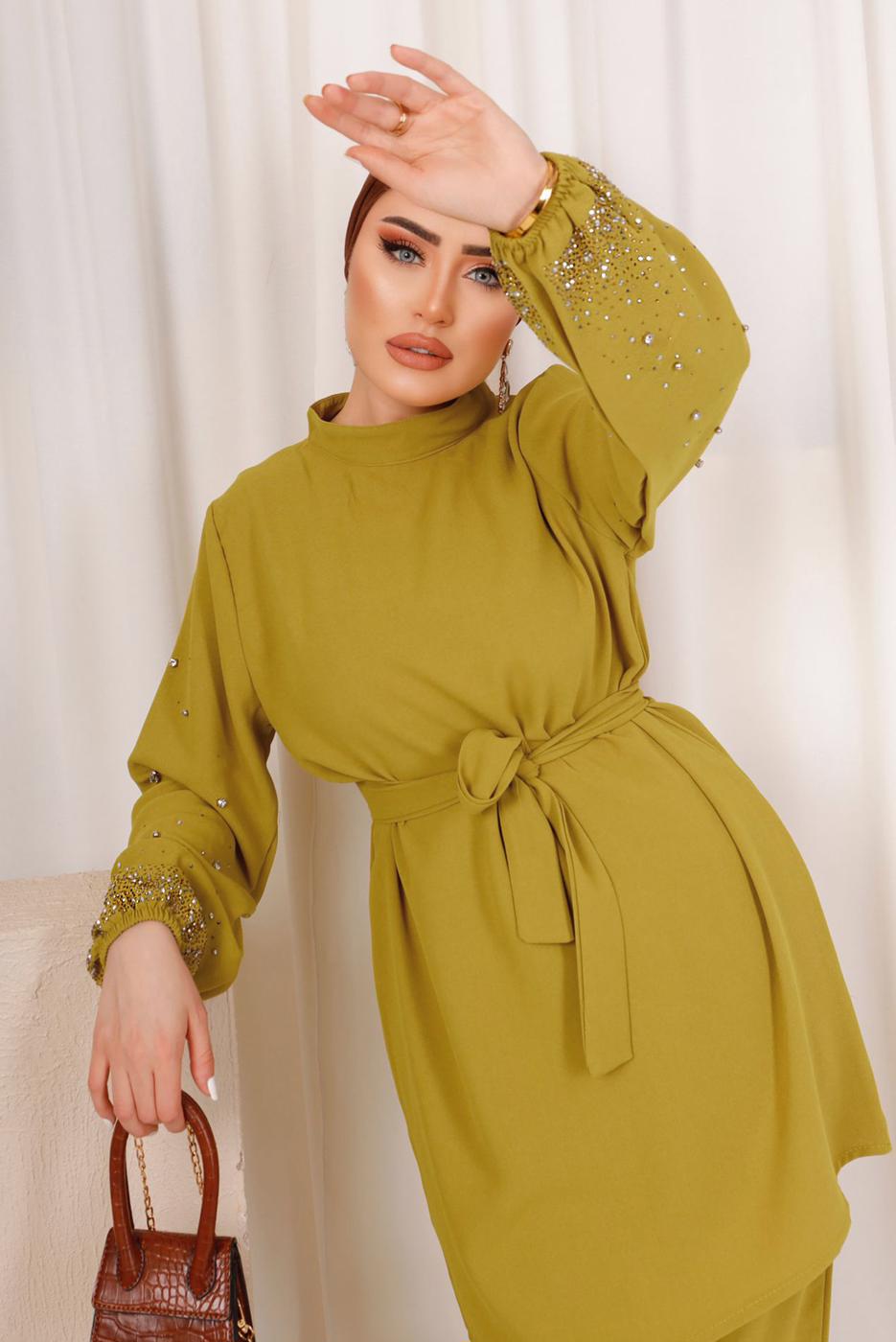 Tesettür giyim YEŞİL TAŞ İŞLEMELİ KUŞAKLI PANTOLONLU TAKIM T 9203