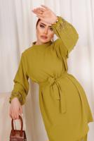 Tesettür giyim YEŞİL TAŞ İŞLEMELİ KUŞAKLI PANTOLONLU TAKIM T 9203