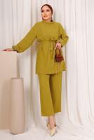 Tesettür giyim YEŞİL TAŞ İŞLEMELİ KUŞAKLI PANTOLONLU TAKIM T 9203