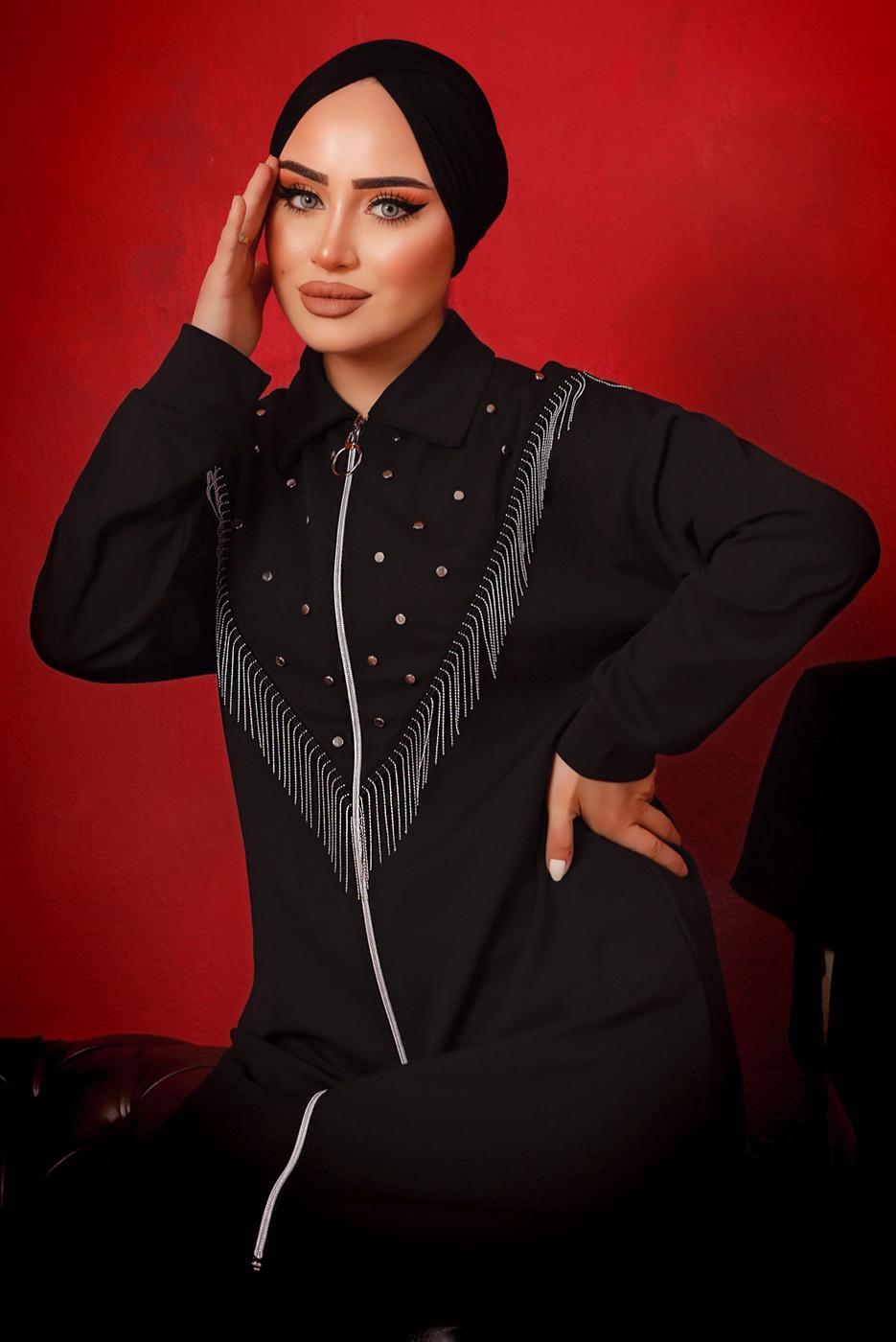 Tesettür giyim SİYAH ZİNCİR DETAYLI FERMUARLI İKİLİ PANTOLONLU TAKIM T 9292