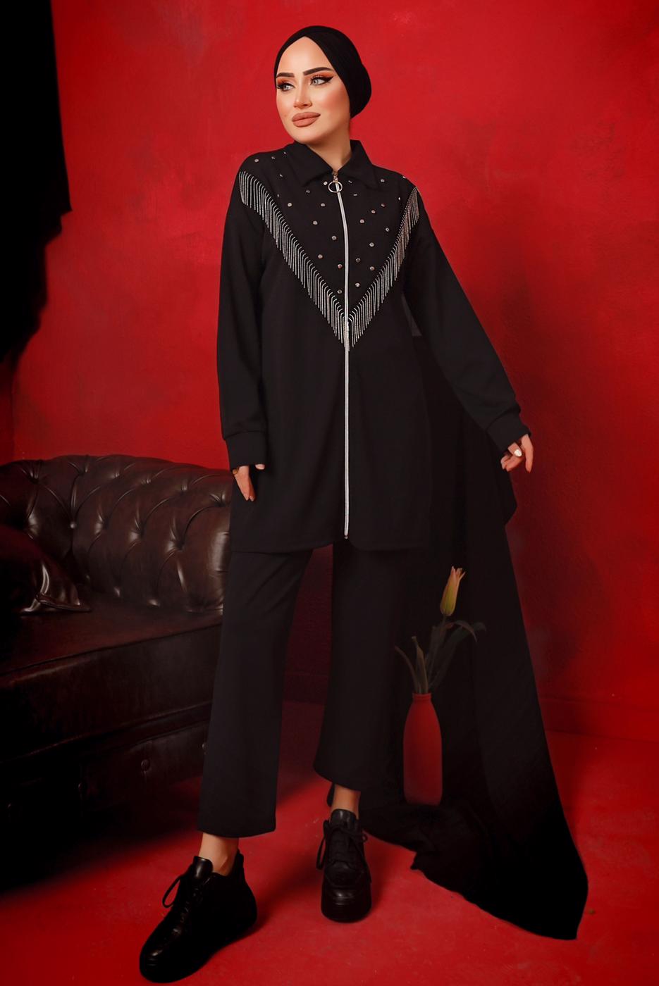 Tesettür giyim SİYAH ZİNCİR DETAYLI FERMUARLI İKİLİ PANTOLONLU TAKIM T 9292