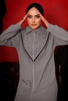 Tesettür giyim GRİ ZİNCİR DETAYLI FERMUARLI İKİLİ PANTOLONLU TAKIM T 9292