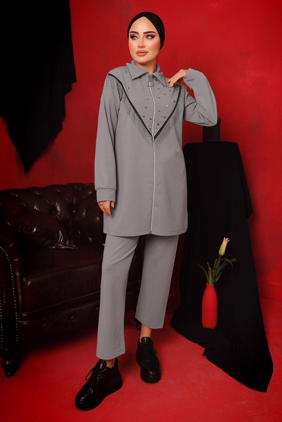 Tesettür giyim GRİ ZİNCİR DETAYLI FERMUARLI İKİLİ PANTOLONLU TAKIM T 9292
