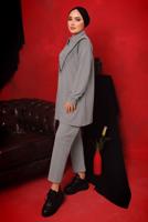 Tesettür giyim GRİ ZİNCİR DETAYLI FERMUARLI İKİLİ PANTOLONLU TAKIM T 9292