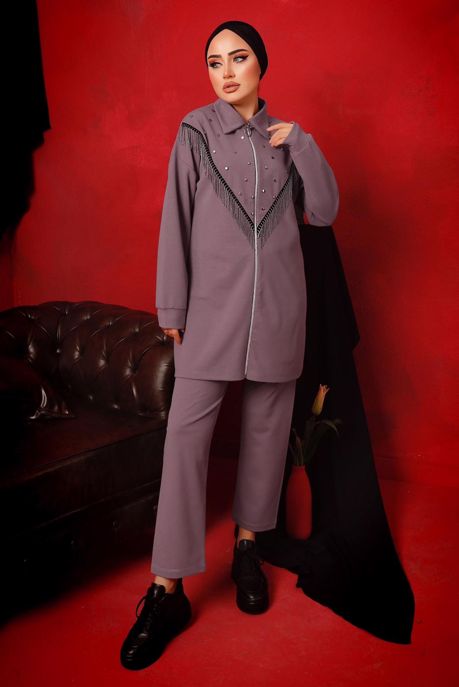 Tesettür giyim MOR ZİNCİR DETAYLI FERMUARLI İKİLİ PANTOLONLU TAKIM T 9292